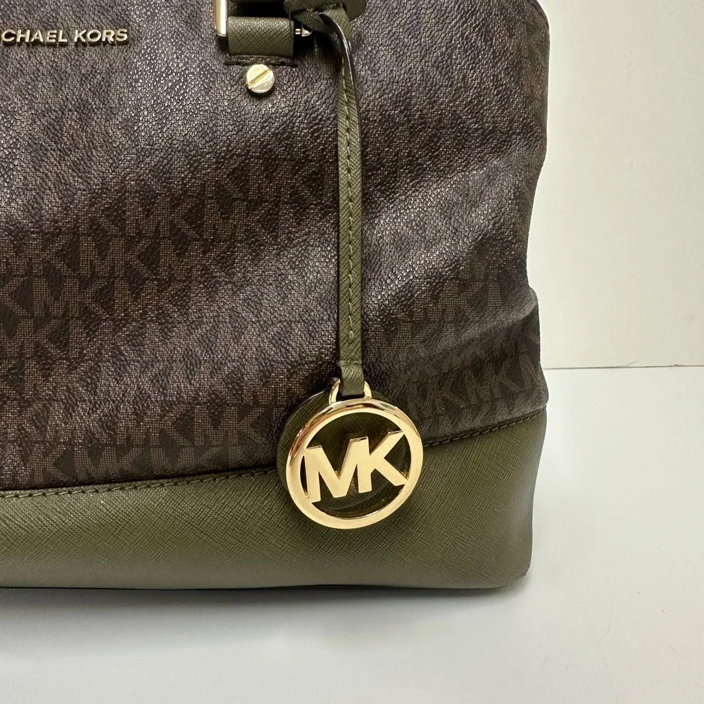 Michael Kors Signature Logo Satchel Brown Olive Green Two Tone Handbag Gold HW